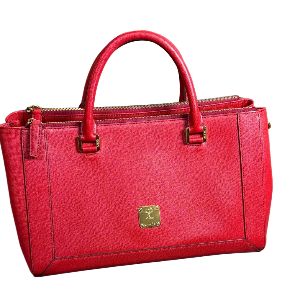 MCM Saffiano Leather  Double Zip Tote Bag w/ Strap COA Gold Hardware